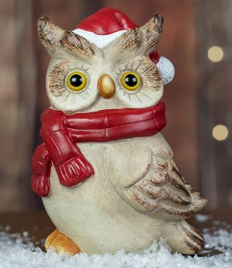 Dekorace Sova s vánoční čepicí 13,5 cm