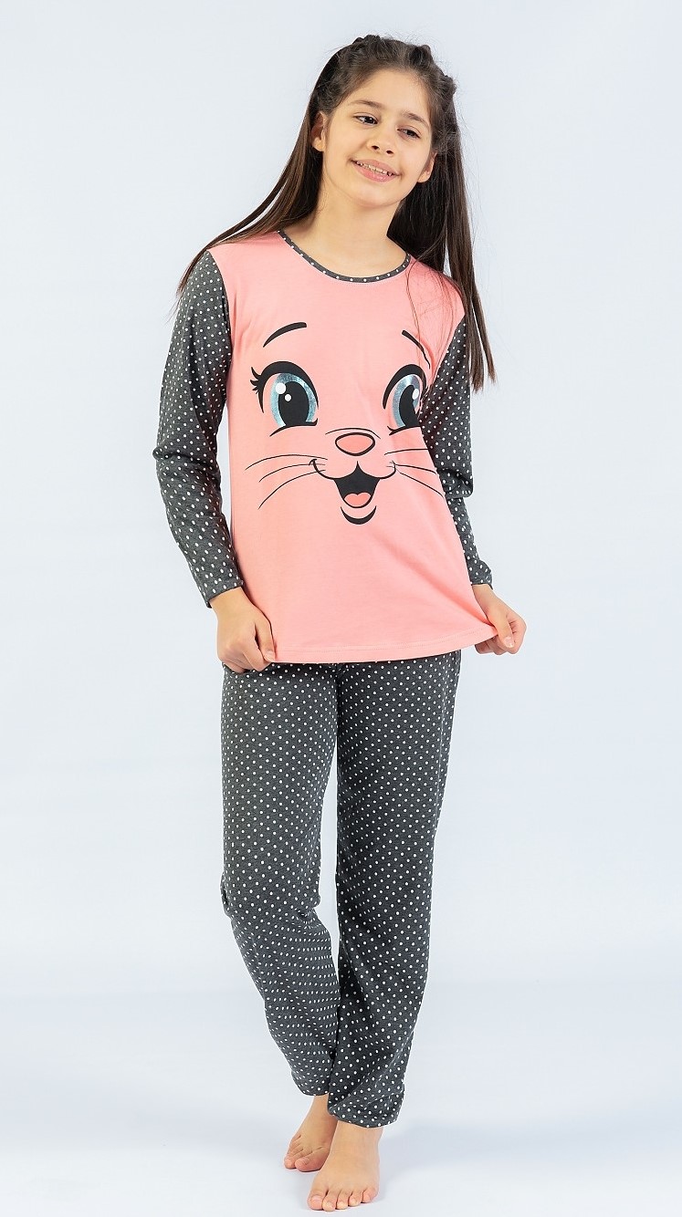 Dětské pyžamo dlouhé  lososové, Kočka 5-6 let