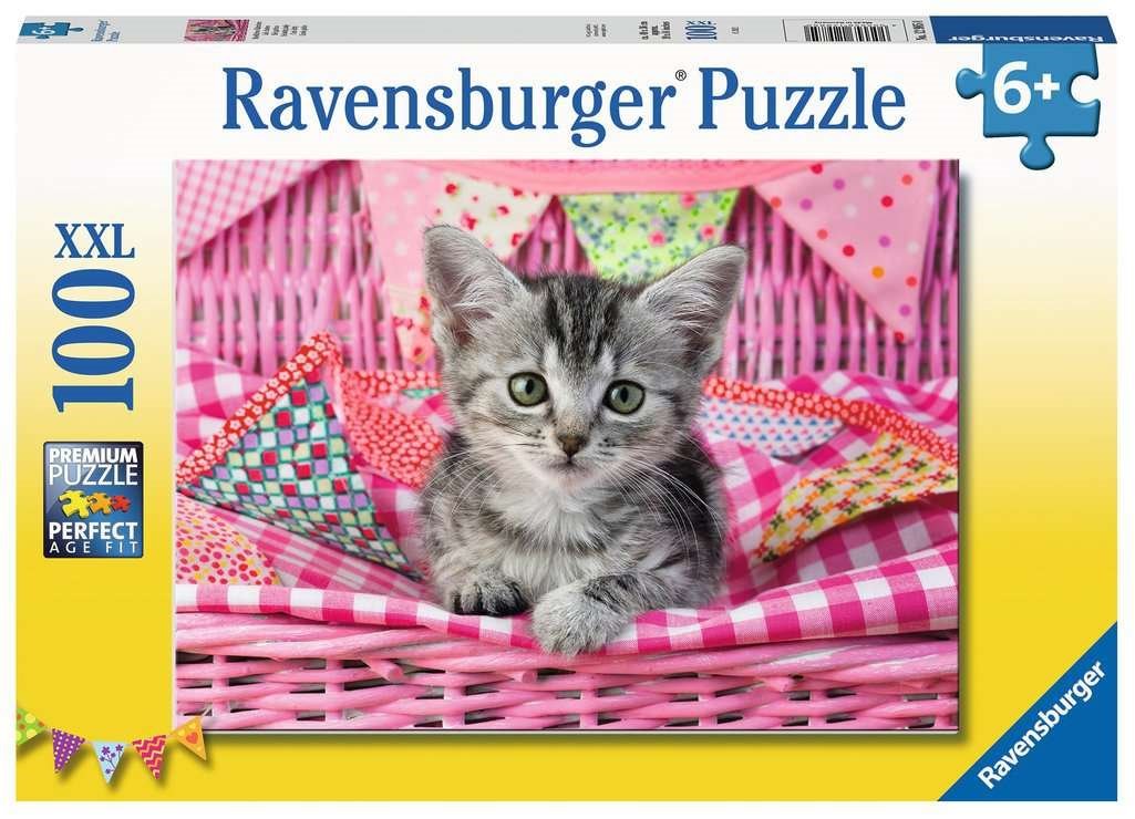 Puzzle RAVENSBURGER Kotě v růžovém košíku 100 dílků