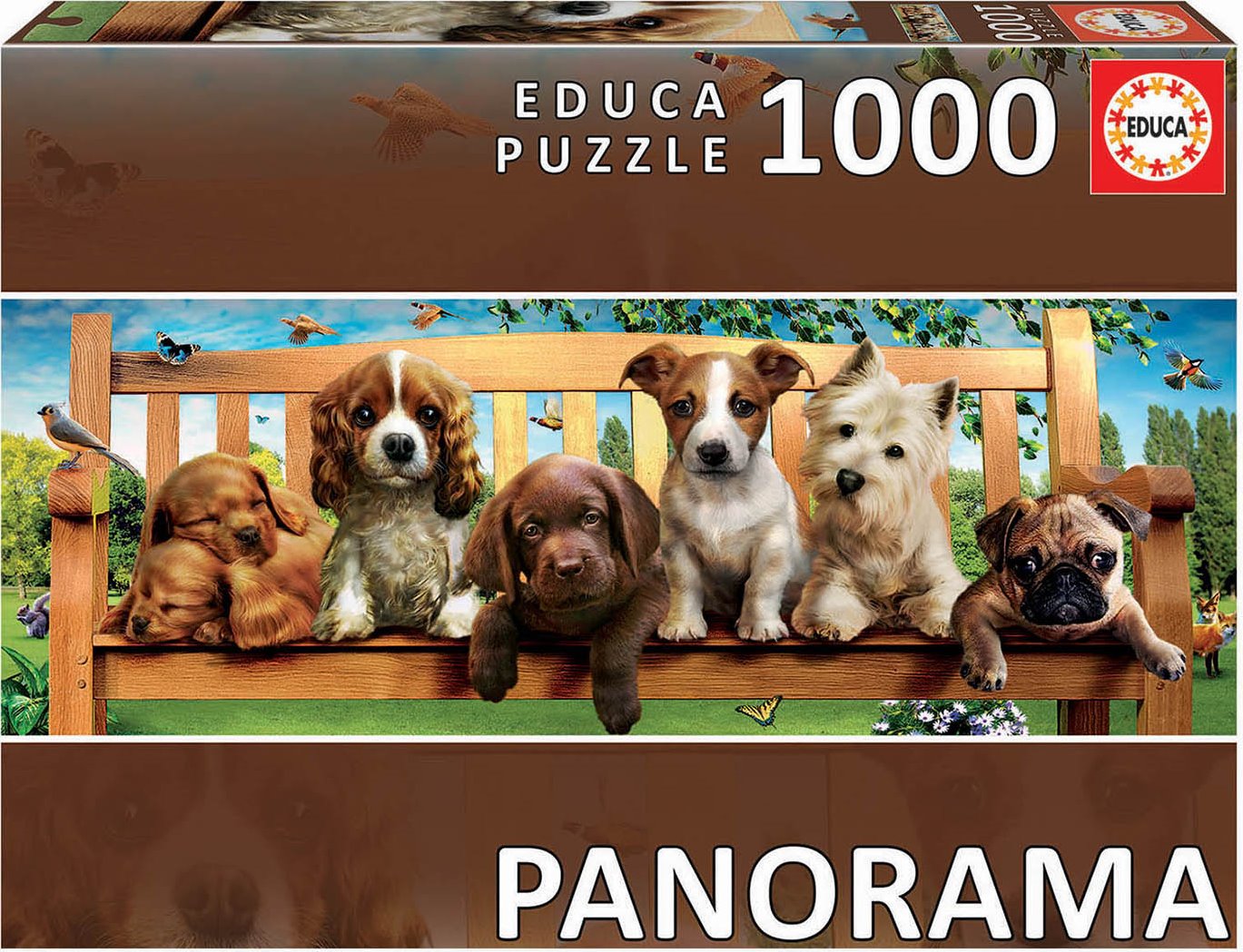 Panoramatické puzzle EDUCA Štěňátka v parku na lavičce 1000 dílků