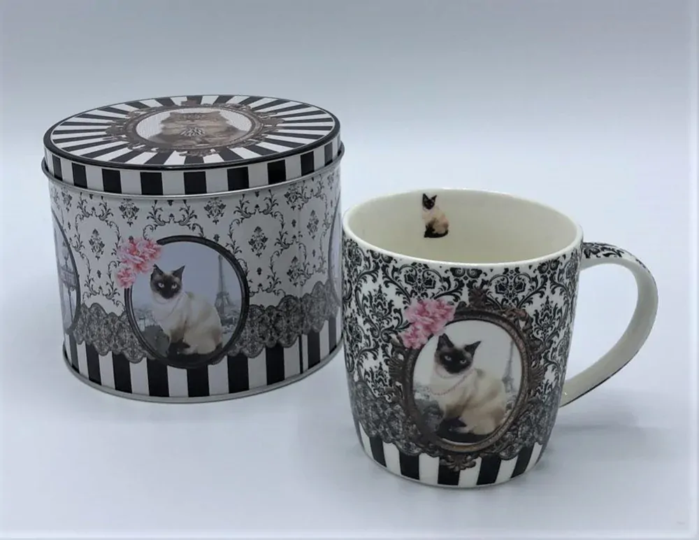 Porcelánový hrnek s dózou Romantik, Siamská kočka 350 ml