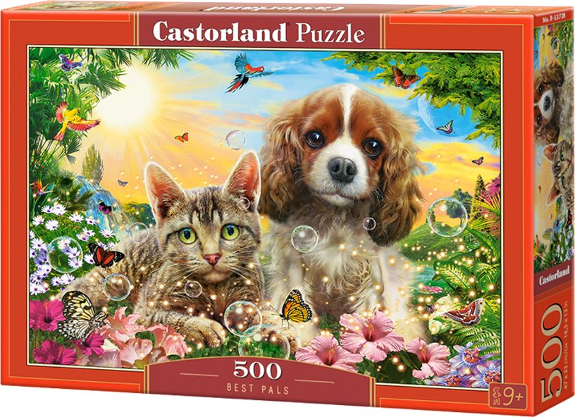 Puzzle Kotě s pejskem na rozkvetlé louce CASTORLAND 500 dílků
