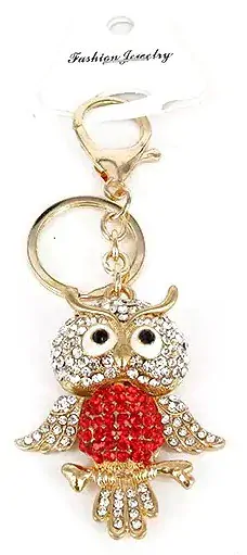 Přívěsek na kabelku, klíčenka Sova s červenými kamínky II