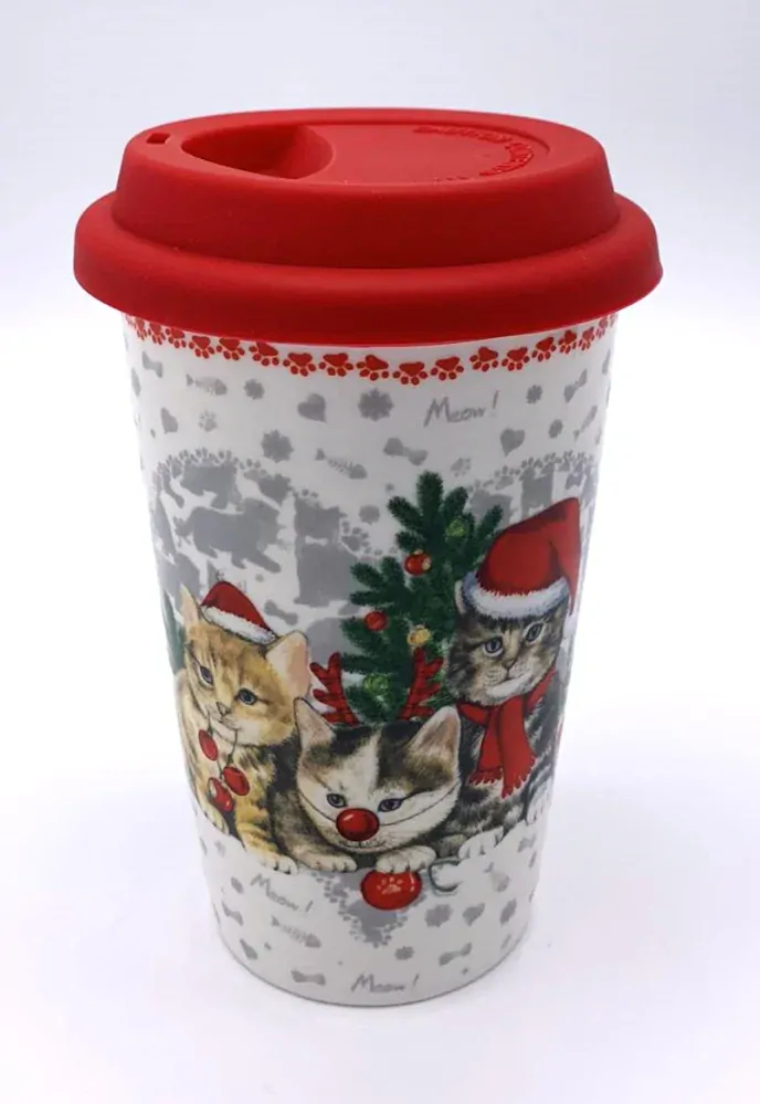 Termohrnek porcelánový Tři koťata 350 ml, cestovní s víčkem