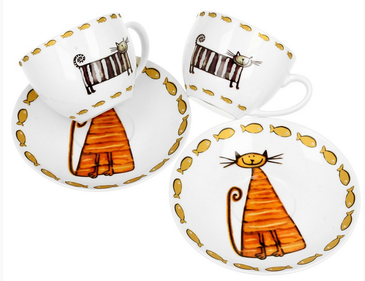 Porcelánové šálky Kočky a rybky 270 ml, sada 2 kusy