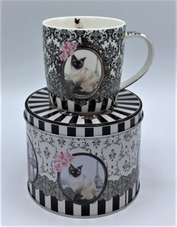Porcelánový hrnek s dózou Romantik, Siamská kočka 350 ml