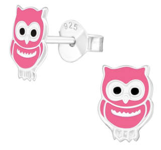 Stříbrné puzetové náušnice Růžová sova
