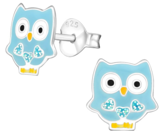 Stříbrné puzetové náušnice Sovička modrá se srdíčky