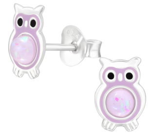 Stříbrné puzetové náušnice Sova fialová s kamínky