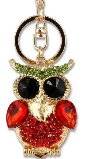 Přívěsek na kabelku, klíčenka Sova s červenými kamínky