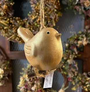 KERAMICKÝ ZÁVĚSNÝ PTÁČEK ZLATÝ 11 CM