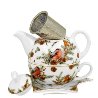 Porcelánová vánoční konvička čaj pro jednoho - Ptáčci a Cesmína 350 ml